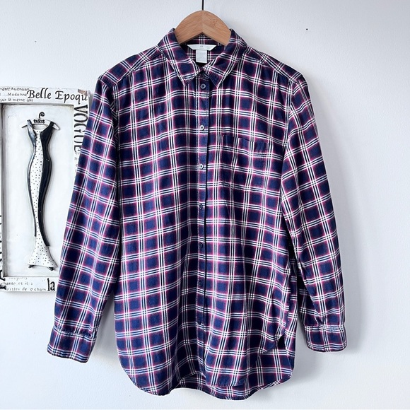 H&M Women’s Navy Blue Plaid 100% Cotton Button Down Shirt Size 2 - Picture 1 of 6